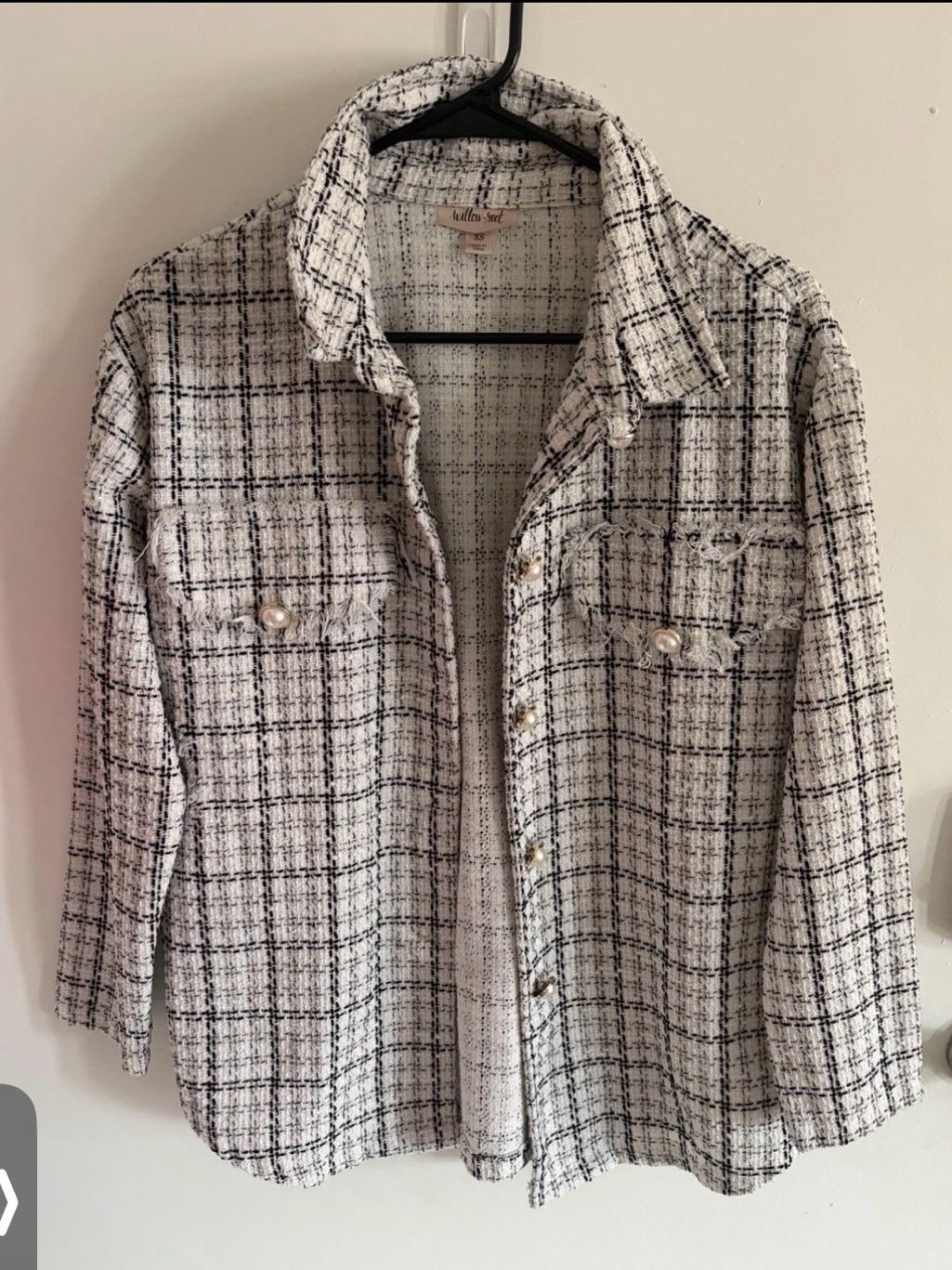 Plaid Tweed Pearl-Button Blazer Jacket - Black & White
